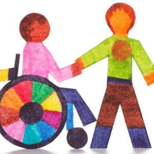 A colorful artwork depicting a wheelchair user and a blind person shaking hands in harmony.
