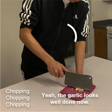 HoloSound in use the Kitchen showing the AR view as if looked through the eyes of the user wearing the HoloLens. A person is in the Kitchen chopping garlic, the identified sound on the bottom left shown is Chopping, the circular arc showing the sound source direction is pointed towards the person's hands, and the captions show: Yeah, the garlic looks well done now.