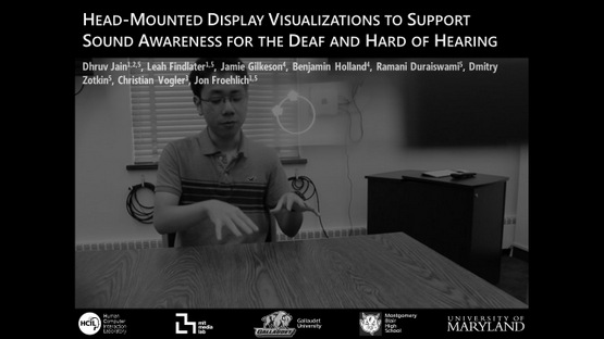 First slide of the talk showing a round table conversation with a person wearing a Google Glass. The directions of the active speakers in the conversation are visualized as arrows on the Glass. Talk title is Head-Mounted Display Visualizations to Support Sound Awareness for the Deaf and Hard of Hearing.