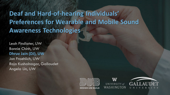 First slide of the talk with an image of an ear doning a hearing aid. The title reads: Deaf and Hard of Hearing Individuals' Preferences for Wearable and Mobile Sound Awareness Technologies​